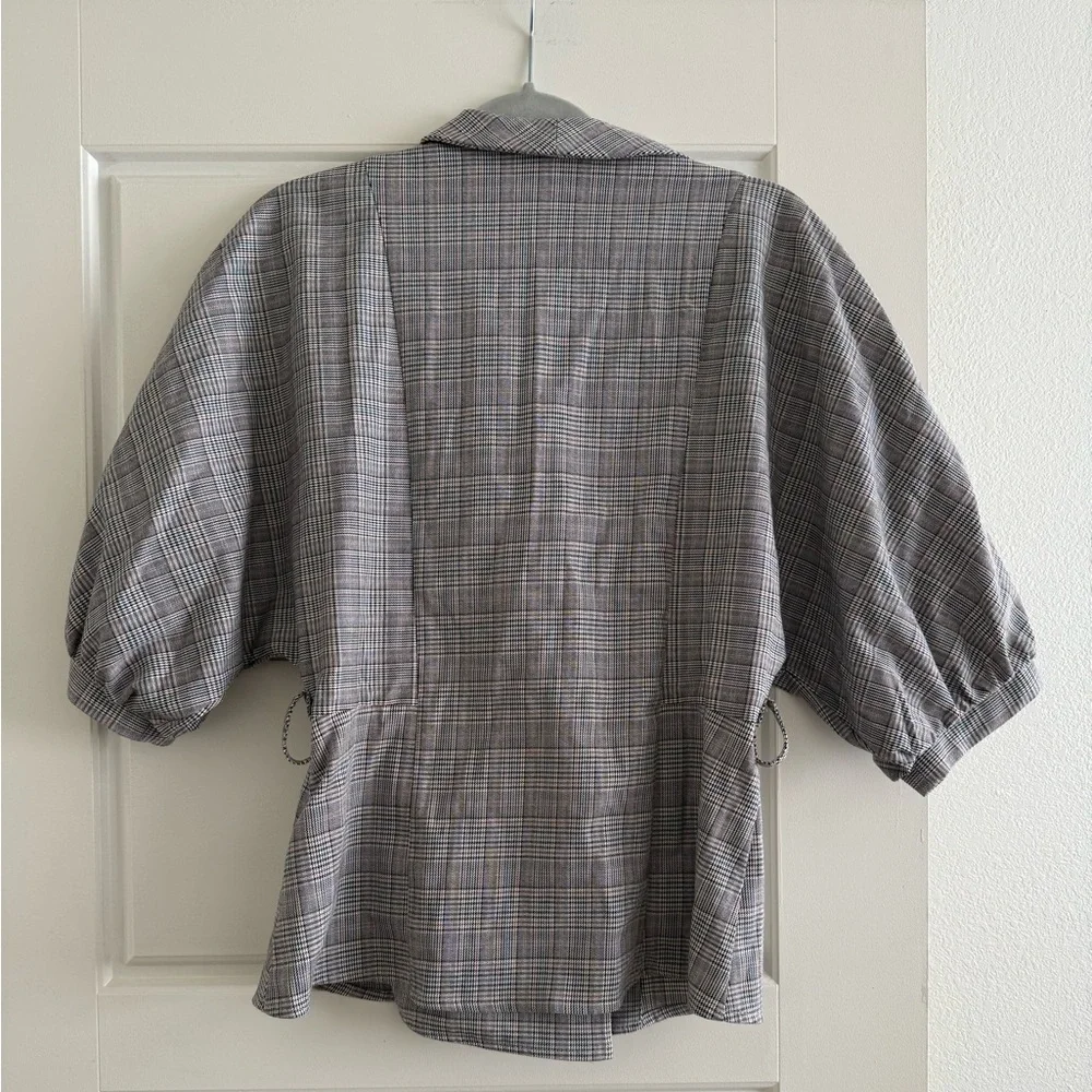 Zara Gray Plaid Double-Breasted Short Sleeve Blazer with Black Tie Size Medium - Picture 5 of 5